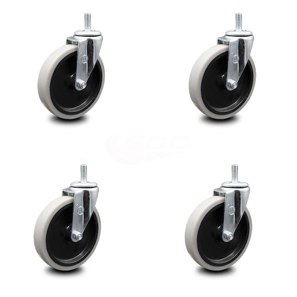 5 Inch Thermoplastic Rubber Wheel 8mm Threaded Stem Caster SCC, 4PK